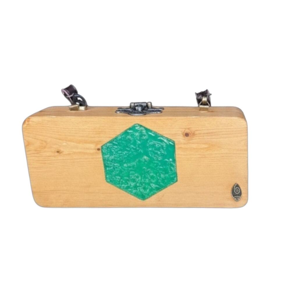 Pluci Handmade Teakwood Box Purse with Green Epoxy Resin Inlay - Picture 2 of 2